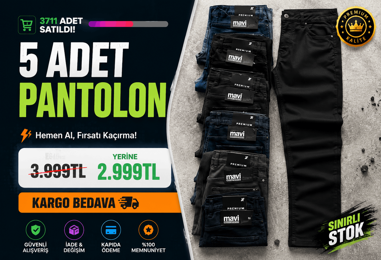 5 Adet Mavi Jeans Pantolon